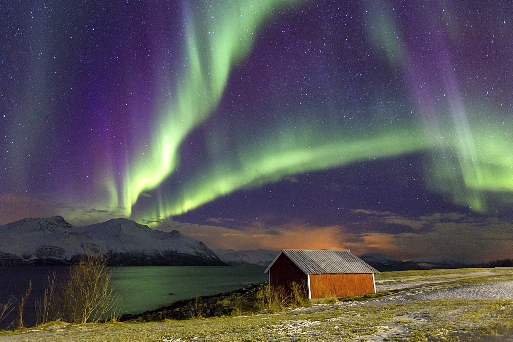 Northern Lights illuminates the wooden cabin at Svensby, Lyngen Alps, Troms, Lapland, Norway, Scandinavia, Europe