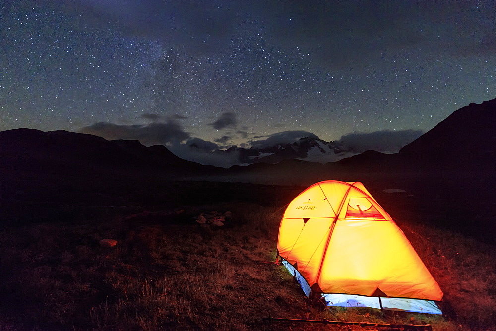 A tent under the stars around Fenetre Lakes, Ferret Valley, Saint Rhemy, Grand St Bernard, Aosta Valley, Italy, Europe