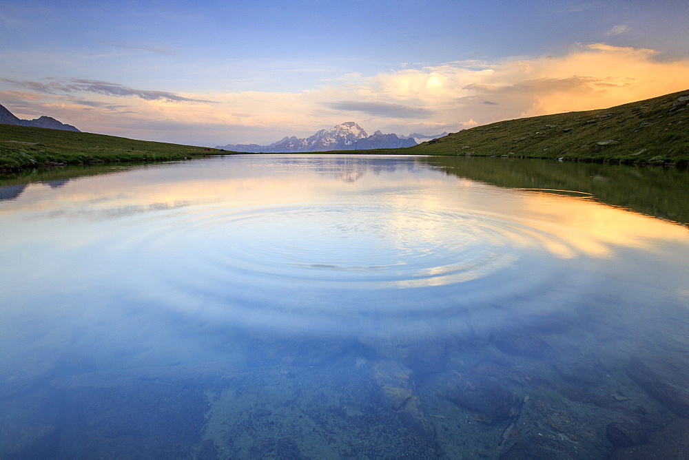 The pink colors of sunrise reflected in the clear water of Lake Campagneda, Malenco Valley, Valtellina, Lombardy, Italy, Europe