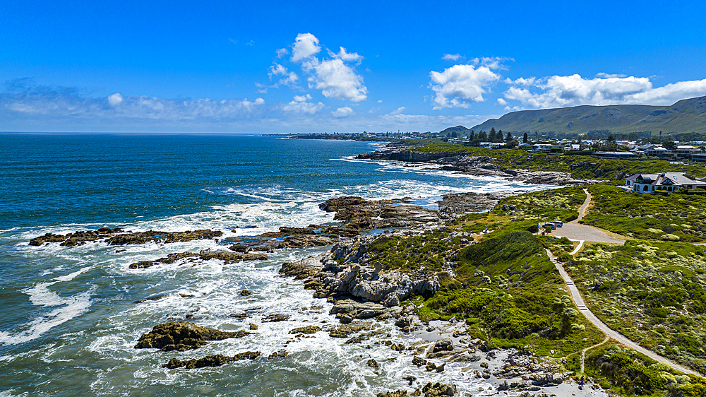 Aerial of Hermanus and its white beaches, Western Cape Province, South Africa, Africa