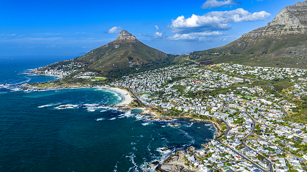 Aerial of the Twelve Apostles and Camps Bay, Cape Town, South Africa, Africa