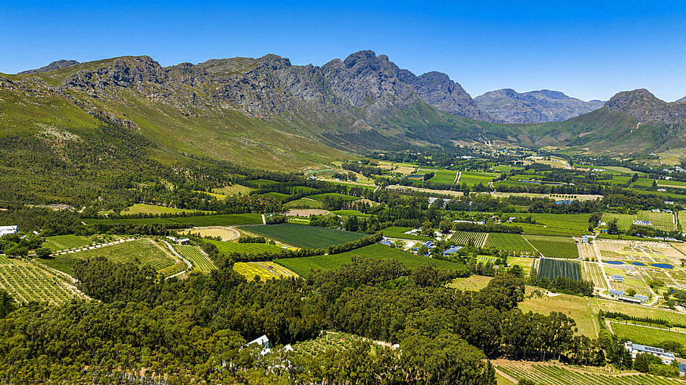 Aerial of Franschhoek, wine area, Western Cape Province, South Africa, Africa