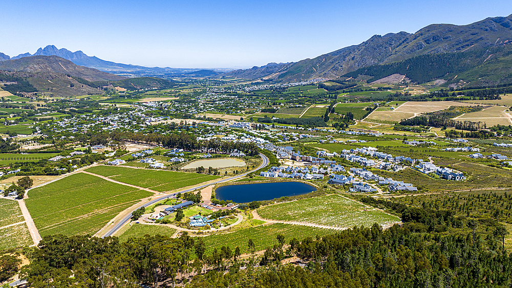 Aerial of Franschhoek, wine area, Western Cape Province, South Africa, Africa