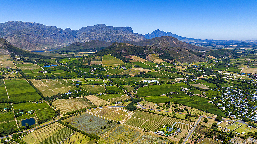 Aerial of Franschhoek, wine area, Western Cape Province, South Africa, Africa