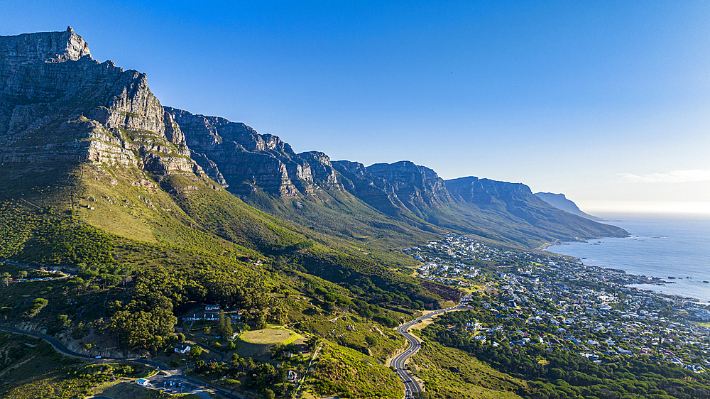 Aerial of the Table Mountain and the Twelve Apostles, Cape Town, South Africa, Africa