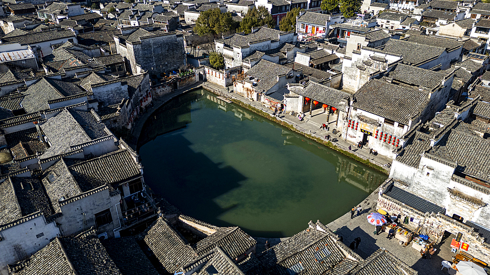 Aerial of Hongcun historical village, UNESCO World Heritage Site, Huangshan, Anhui, China, Asia