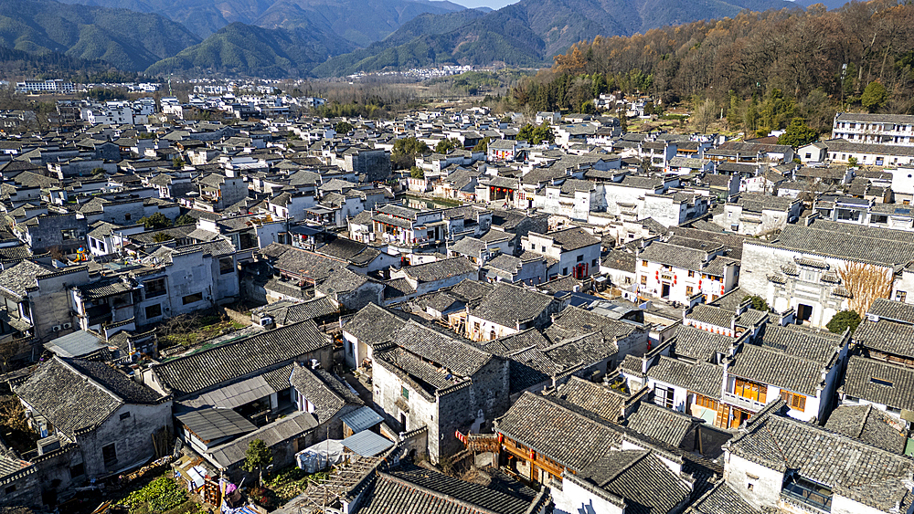 Aerial of Hongcun historical village, UNESCO World Heritage Site, Huangshan, Anhui, China, Asia