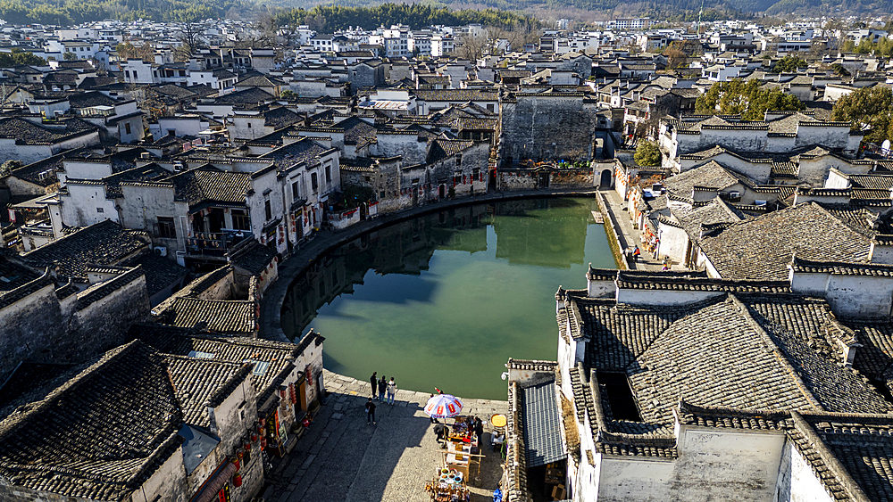 Aerial of Hongcun historical village, UNESCO World Heritage Site, Huangshan, Anhui, China, Asia