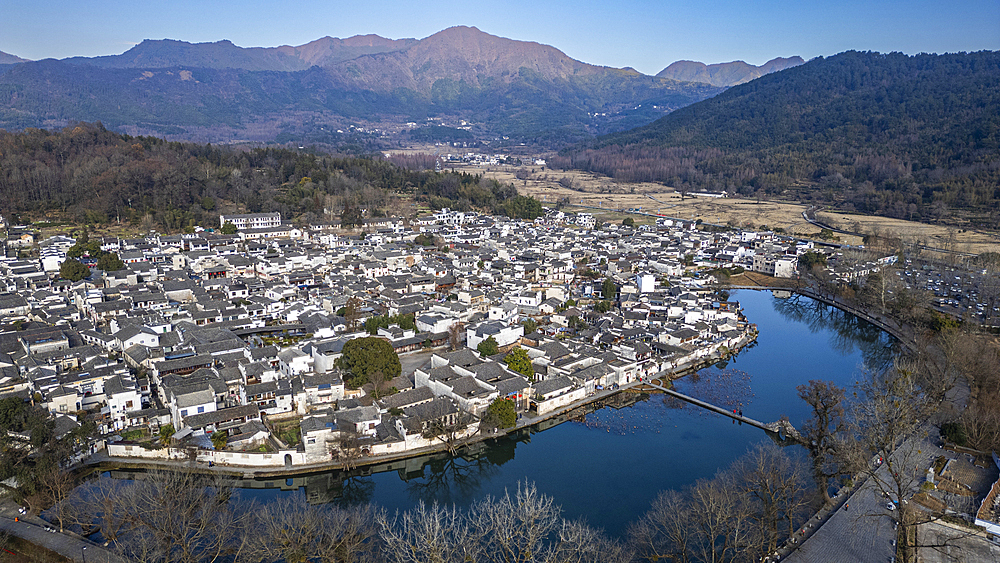 Aerial of Hongcun historical village, UNESCO World Heritage Site, Huangshan, Anhui, China, Asia