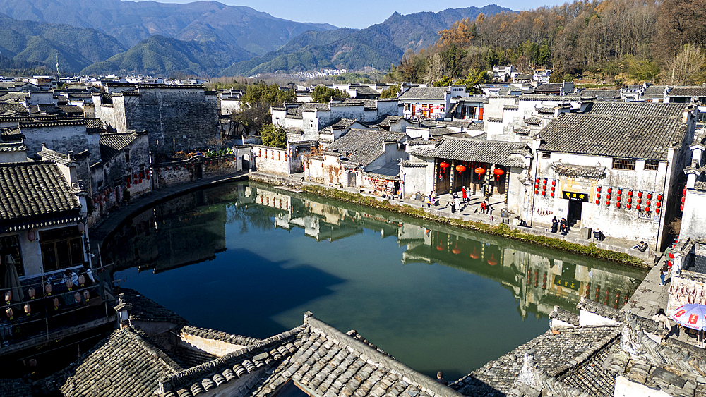 Aerial of Hongcun historical village, UNESCO World Heritage Site, Huangshan, Anhui, China, Asia