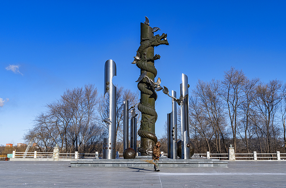 Monument on the Amur river banks, Heihe, Heilongjiang, China, Asia