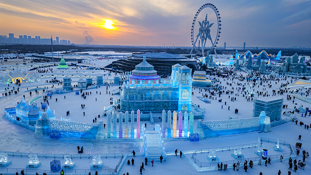 Aerial of the Illuminated buildings made out of ice, Ice International Ice and Snow Sculpture Festival, Harbin, Heilongjiang, China, Asia