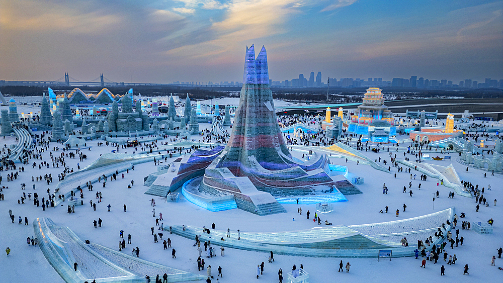 Aerial of the Illuminated buildings made out of ice, Ice International Ice and Snow Sculpture Festival, Harbin, Heilongjiang, China, Asia