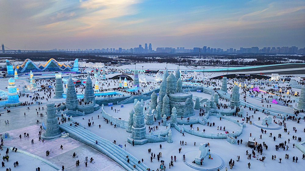 Aerial of the Illuminated buildings made out of ice, Ice International Ice and Snow Sculpture Festival, Harbin, Heilongjiang, China, Asia