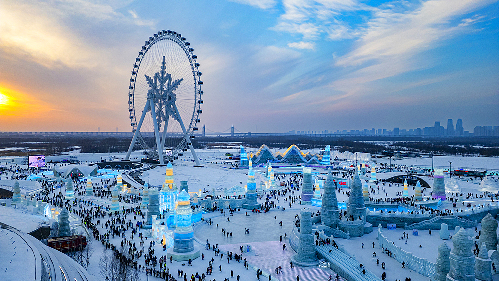 Aerial of the Illuminated buildings made out of ice, Ice International Ice and Snow Sculpture Festival, Harbin, Heilongjiang, China, Asia