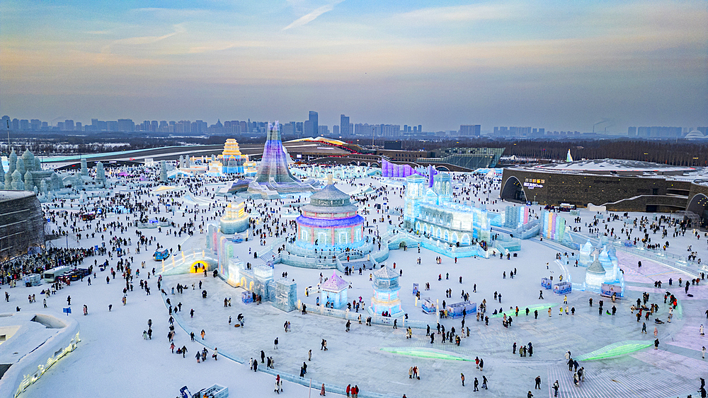 Aerial of the Illuminated buildings made out of ice, Ice International Ice and Snow Sculpture Festival, Harbin, Heilongjiang, China, Asia