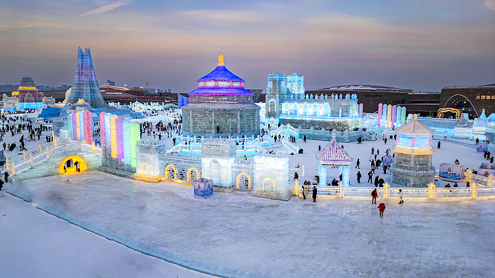 Aerial of the Illuminated buildings made out of ice, Ice International Ice and Snow Sculpture Festival, Harbin, Heilongjiang, China, Asia