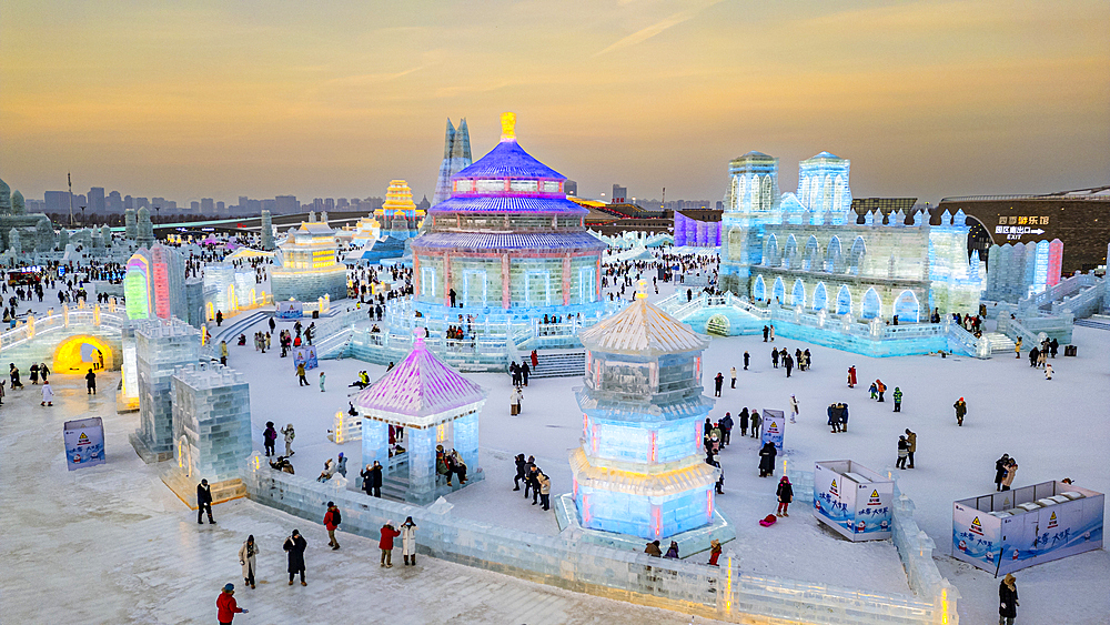 Aerial of the Illuminated buildings made out of ice, Ice International Ice and Snow Sculpture Festival, Harbin, Heilongjiang, China, Asia