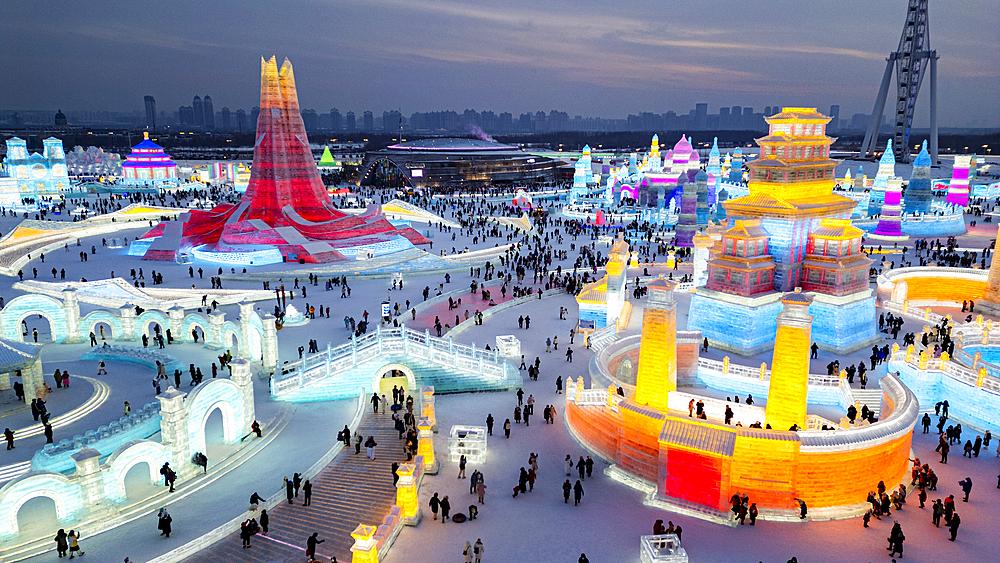 Aerial of the Illuminated buildings made out of ice, Ice International Ice and Snow Sculpture Festival, Harbin, Heilongjiang, China, Asia