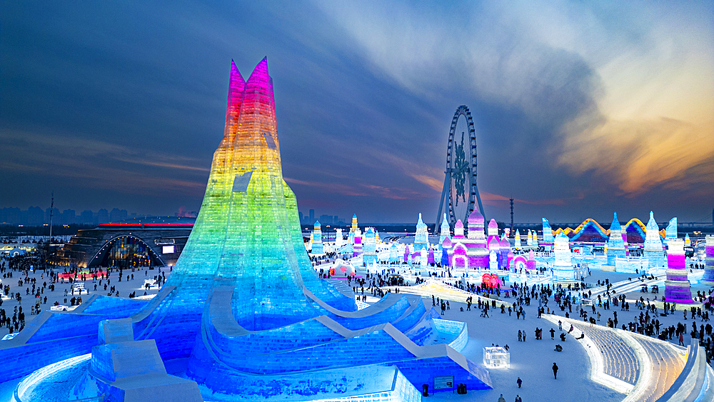 Aerial of the Illuminated buildings made out of ice, Ice International Ice and Snow Sculpture Festival, Harbin, Heilongjiang, China, Asia