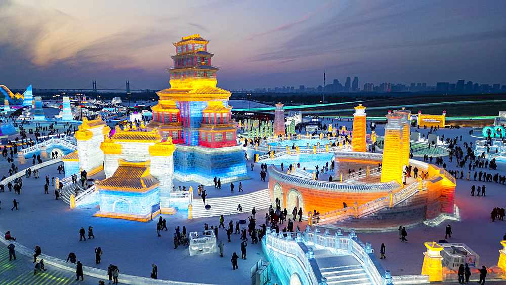 Aerial of the Illuminated buildings made out of ice, Ice International Ice and Snow Sculpture Festival, Harbin, Heilongjiang, China, Asia