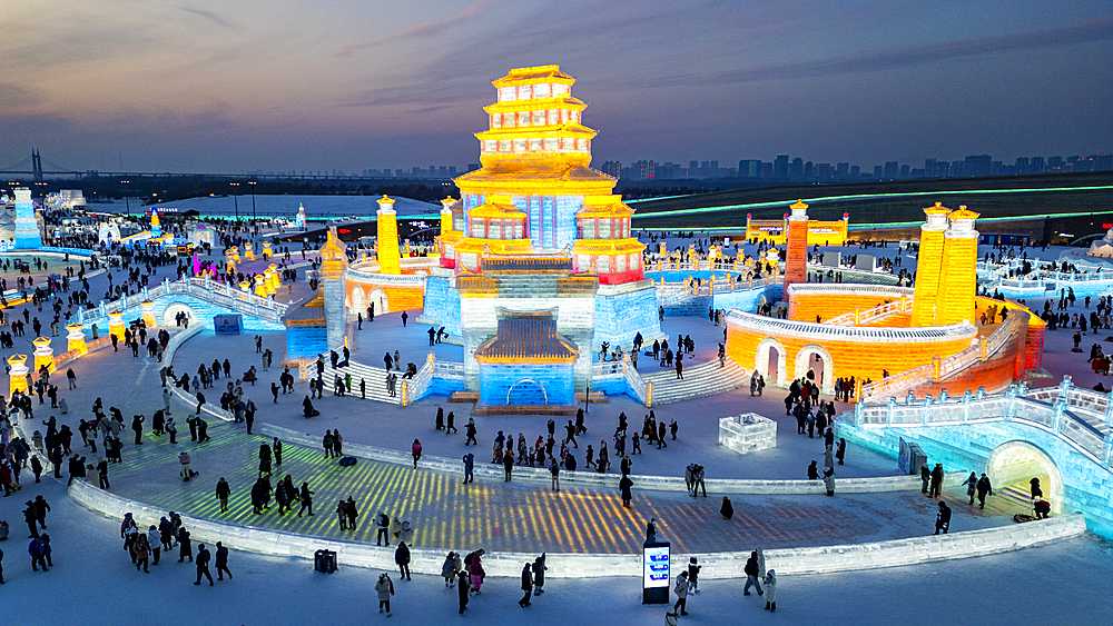 Aerial of the Illuminated buildings made out of ice, Ice International Ice and Snow Sculpture Festival, Harbin, Heilongjiang, China, Asia