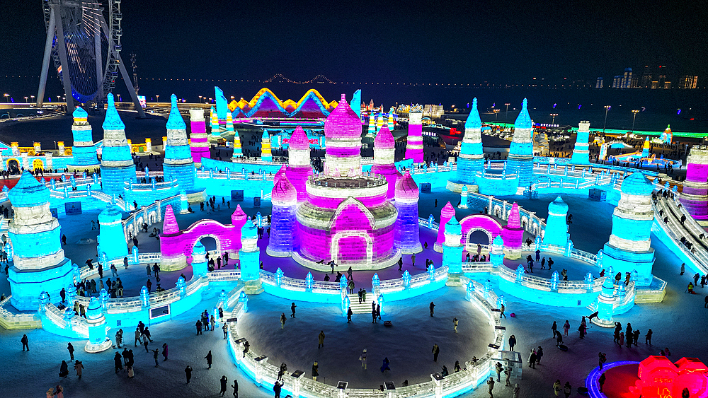 Aerial of the Illuminated buildings made out of ice, Ice International Ice and Snow Sculpture Festival, Harbin, Heilongjiang, China, Asia