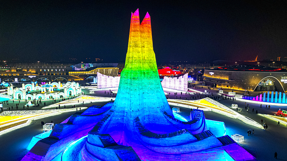 Aerial of the Illuminated buildings made out of ice, Ice International Ice and Snow Sculpture Festival, Harbin, Heilongjiang, China, Asia