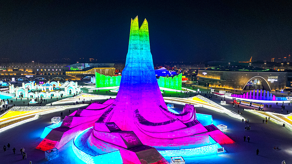 Aerial of the Illuminated buildings made out of ice, Ice International Ice and Snow Sculpture Festival, Harbin, Heilongjiang, China, Asia