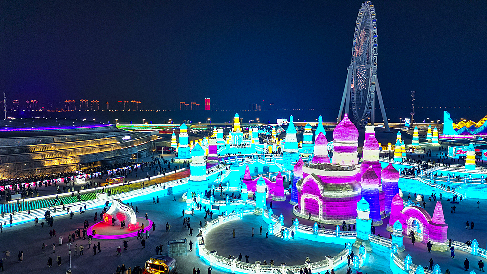 Aerial of the Illuminated buildings made out of ice, Ice International Ice and Snow Sculpture Festival, Harbin, Heilongjiang, China, Asia