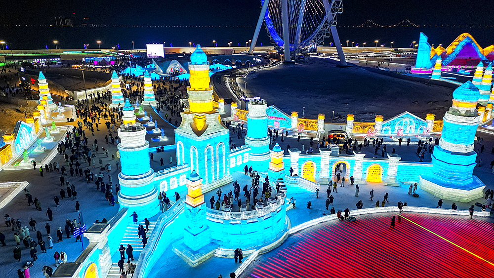 Aerial of the Illuminated buildings made out of ice, Ice International Ice and Snow Sculpture Festival, Harbin, Heilongjiang, China, Asia