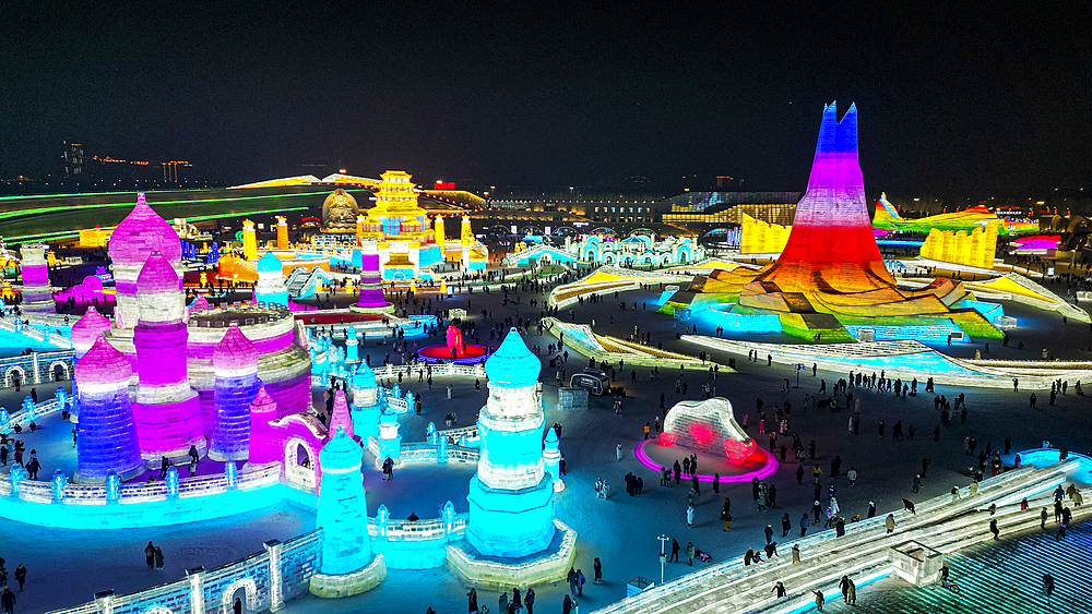 Aerial of the Illuminated buildings made out of ice, Ice International Ice and Snow Sculpture Festival, Harbin, Heilongjiang, China, Asia