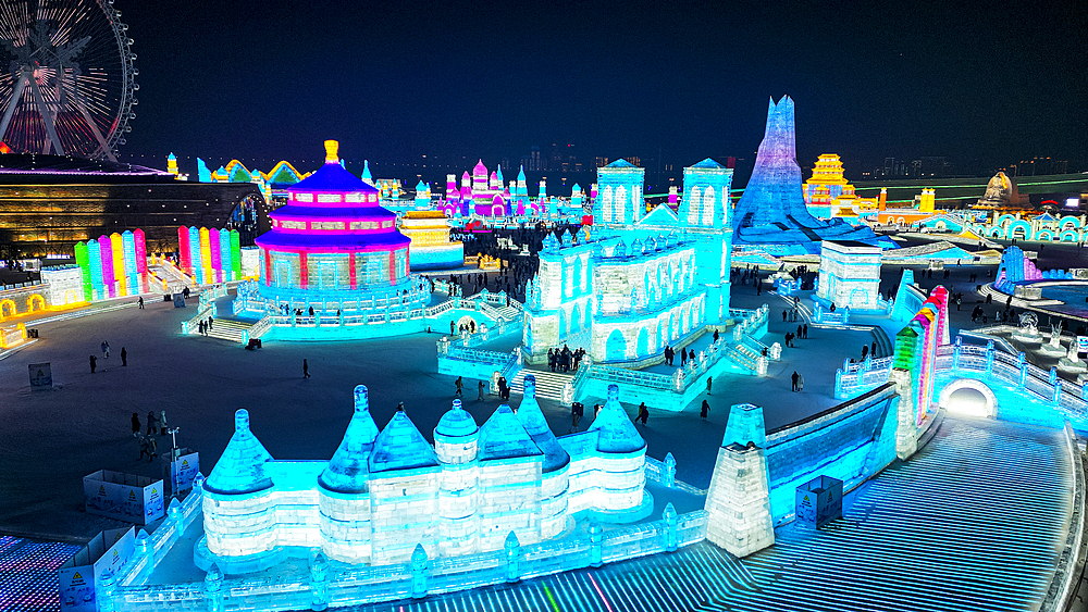 Aerial of the Illuminated buildings made out of ice, Ice International Ice and Snow Sculpture Festival, Harbin, Heilongjiang, China, Asia