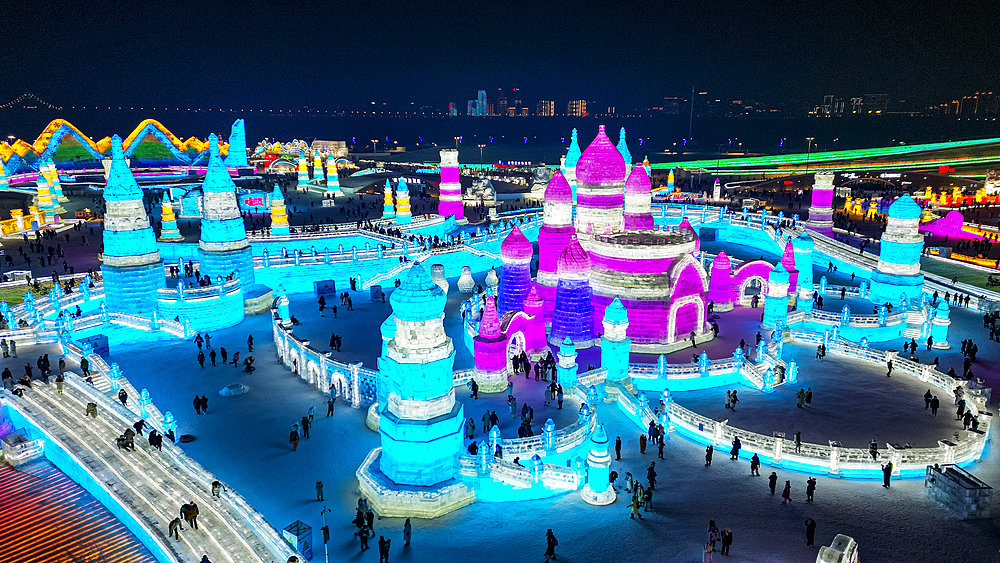 Aerial of the Illuminated buildings made out of ice, Ice International Ice and Snow Sculpture Festival, Harbin, Heilongjiang, China, Asia