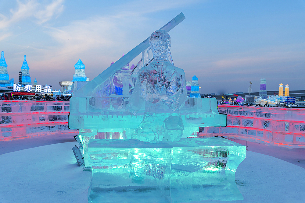 Illuminated buildings made out of ice, Ice International Ice and Snow Sculpture Festival, Harbin, Heilongjiang, China, Asia