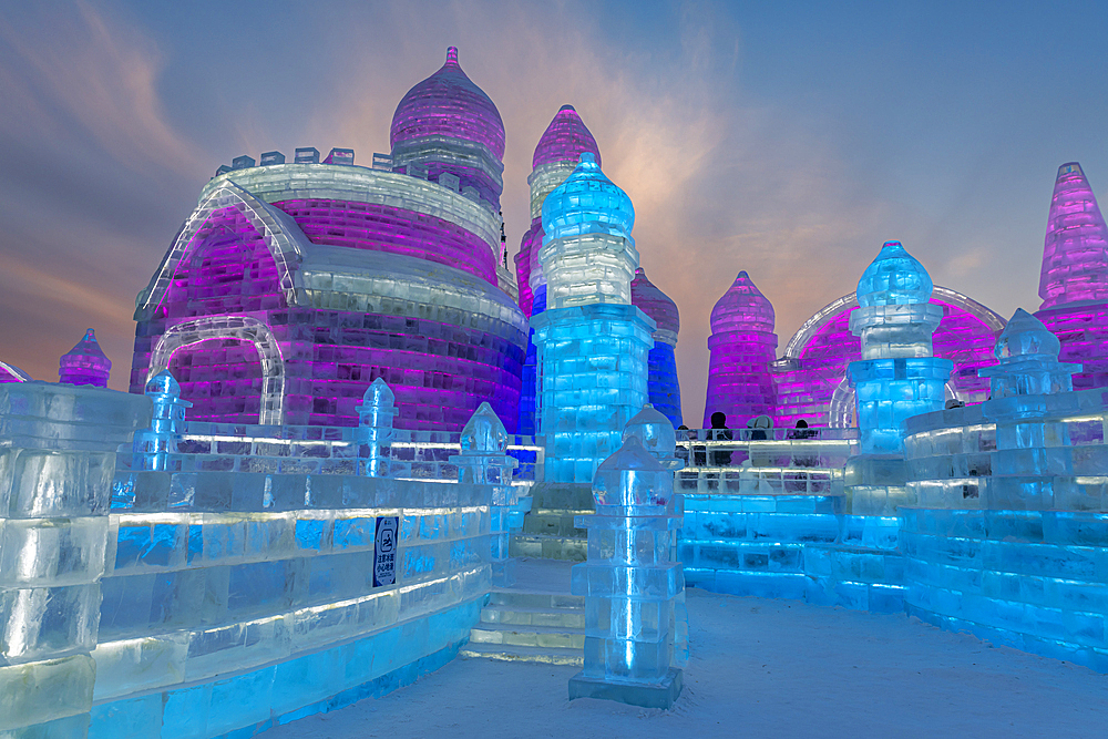 Illuminated buildings made out of ice, Ice International Ice and Snow Sculpture Festival, Harbin, Heilongjiang, China, Asia