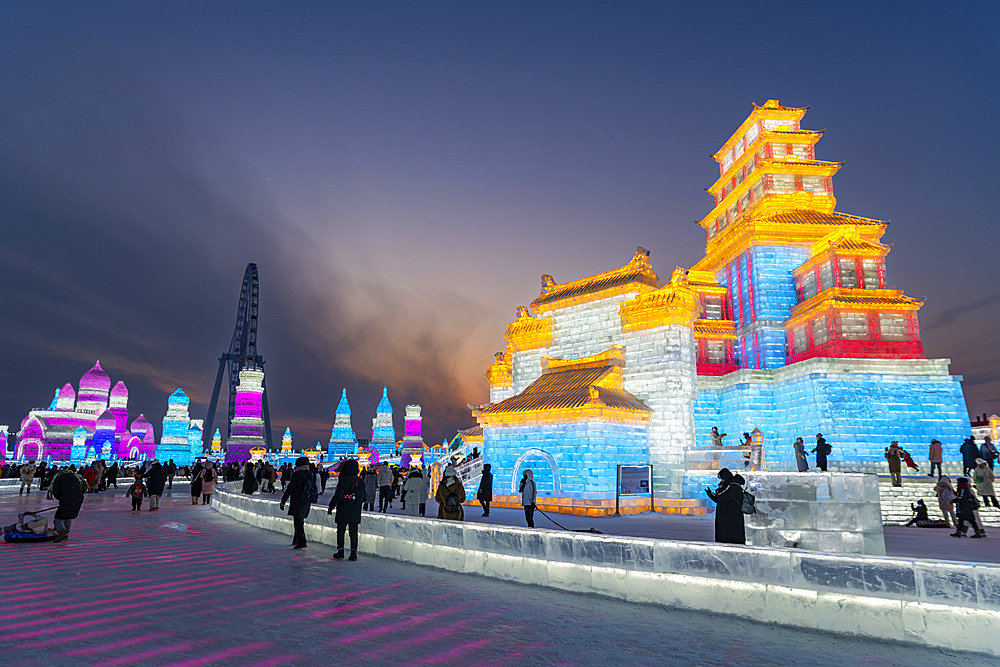 Illuminated buildings made out of ice, Ice International Ice and Snow Sculpture Festival, Harbin, Heilongjiang, China, Asia