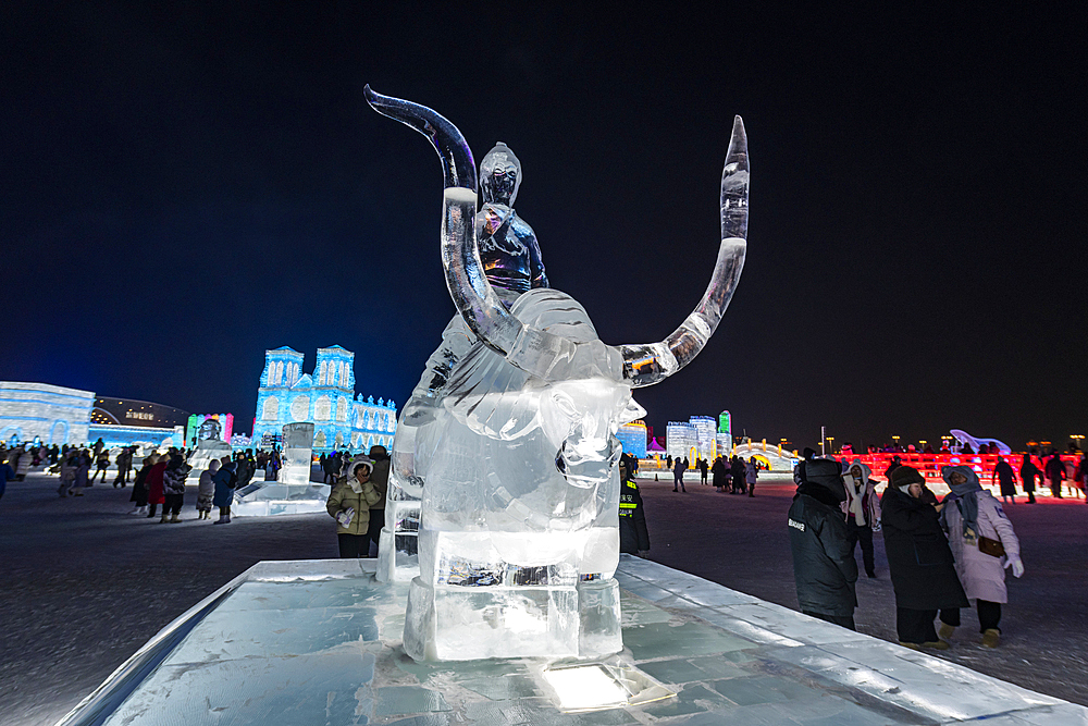 Illuminated buildings made out of ice, Ice International Ice and Snow Sculpture Festival, Harbin, Heilongjiang, China, Asia