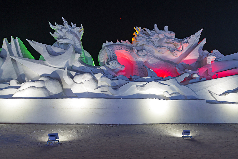 Illuminated buildings made out of ice, Ice International Ice and Snow Sculpture Festival, Harbin, Heilongjiang, China, Asia