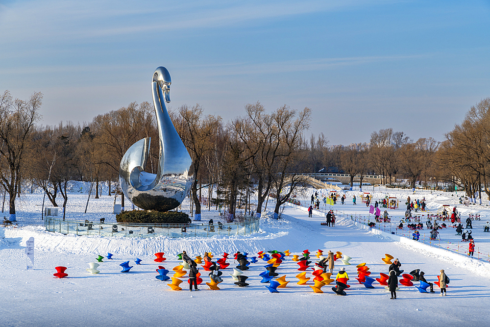 Giant swan at the Snow Sculpture Festival, Harbin, Heilongjiang, China, Asia