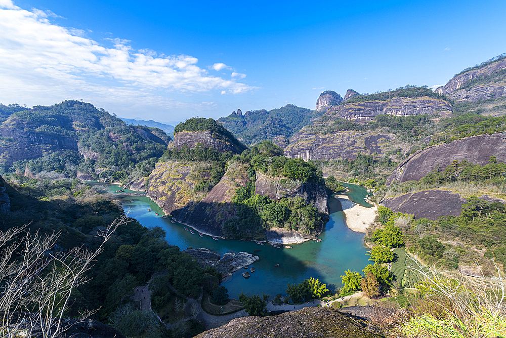 View over River of The Nine Bends (Jiuqu Xi), Wuyi Mountains, UNESCO World Heritage Site, Fujian, China, Asia