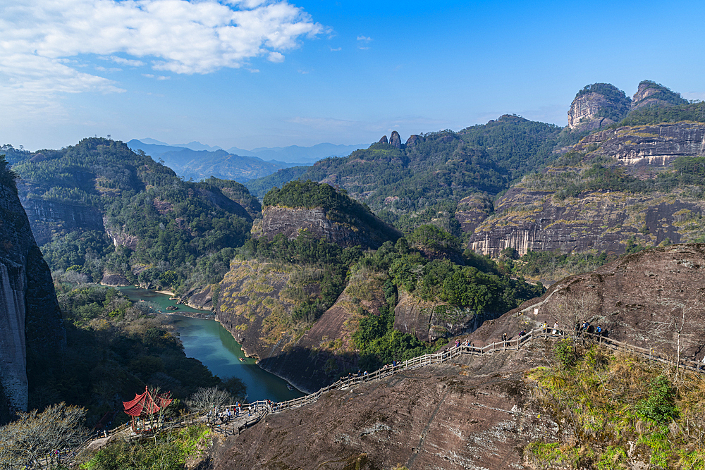 View over River of The Nine Bends (Jiuqu Xi), UNESCO World Heritage Site, Wuyi Mountains, China, Asia