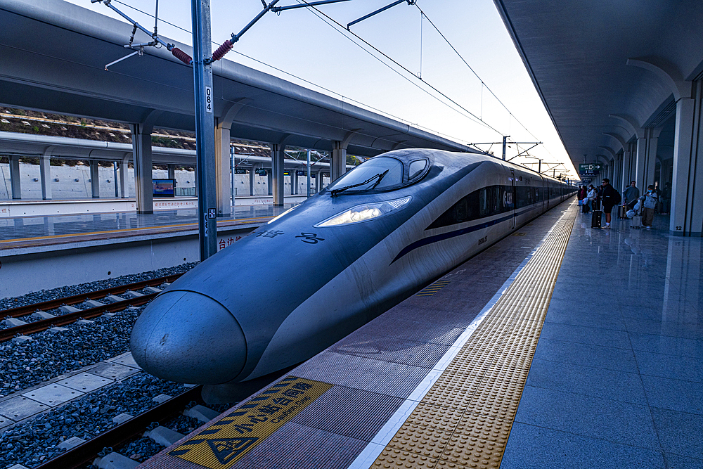 High speed train in the giant railway station of Quanzhou, Fujian, China, Asia