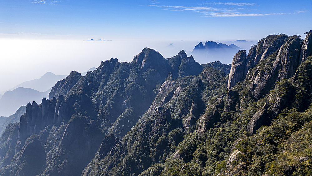 Aerial of the Taoist Sanqing Mountain, UNESCO World Heritage Site, Jiangxi, China, Asia