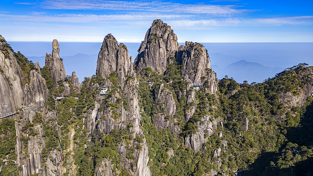 Aerial of the Taoist Sanqing Mountain, UNESCO World Heritage Site, Jiangxi, China, Asia