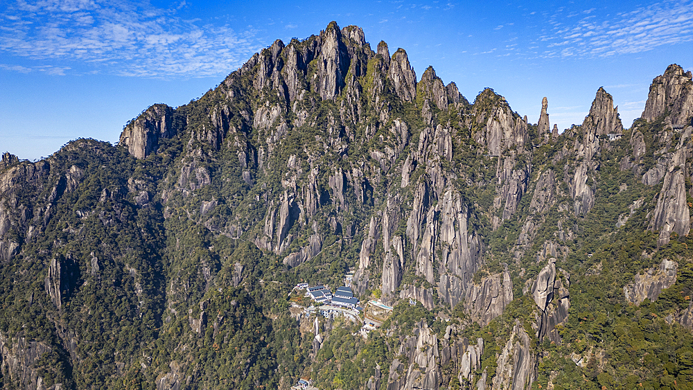 Aerial of the Taoist Sanqing Mountain, UNESCO World Heritage Site, Jiangxi, China, Asia