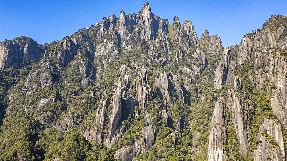 Aerial of the Taoist Sanqing Mountain, UNESCO World Heritage Site, Jiangxi, China, Asia