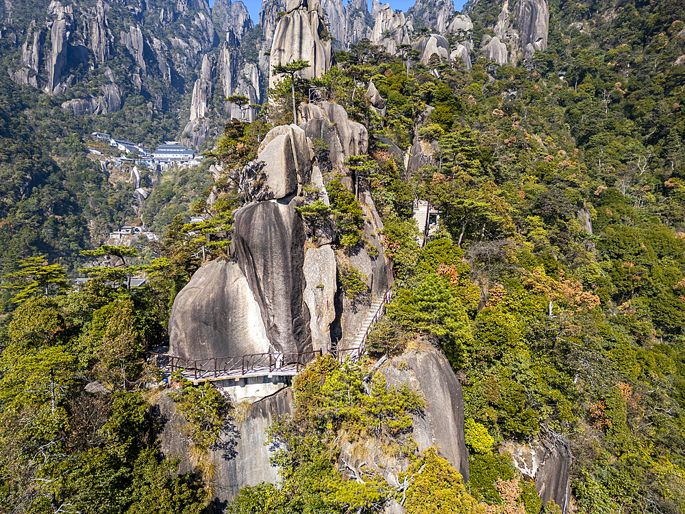 Aerial of the Taoist Sanqing Mountain, UNESCO World Heritage Site, Jiangxi, China, Asia