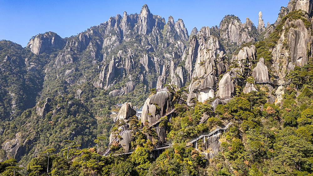 Aerial of the Taoist Sanqing Mountain, UNESCO World Heritage Site, Jiangxi, China, Asia