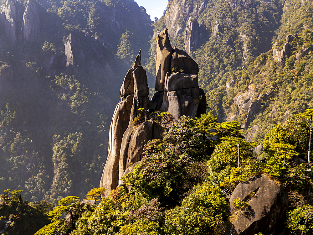 Aerial of the Taoist Sanqing Mountain, UNESCO World Heritage Site, Jiangxi, China, Asia